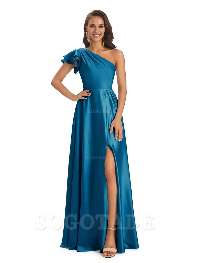 A-Line One Shoulder Ladies Long Bridesmaid Dresses Soft Satin Side Slit Elegant Evening Party Dress