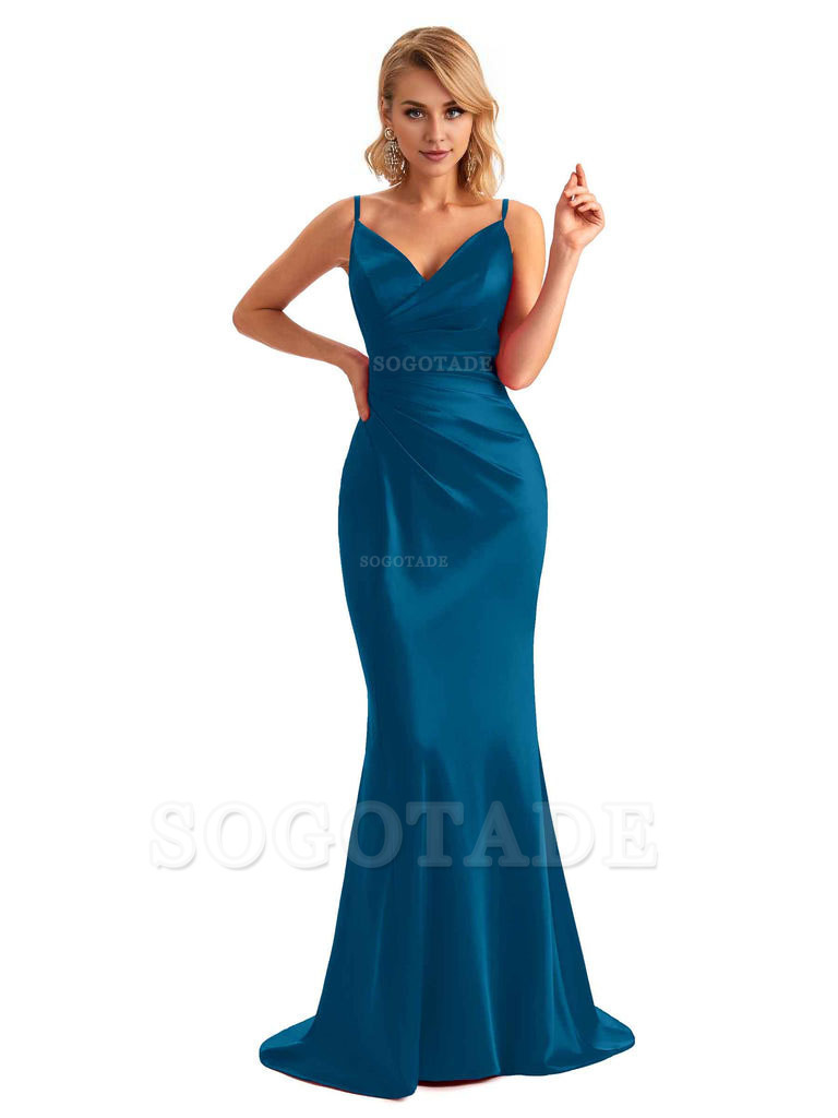  Sexy Backless Mermaid Spaghetti Straps Unique Long Formal Satin Dress For Women