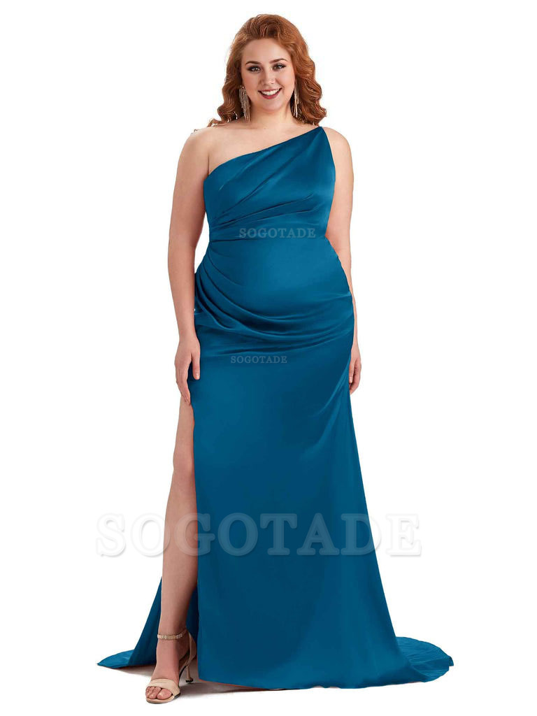 Sexy One Shoulder Side Slit Mermaid Soft Satin Long Plus Size Bridesmaid Dress For Wedding