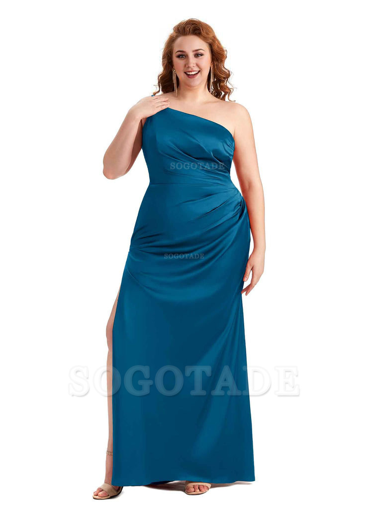 Sexy Side Slit One Shoulder Mermaid Soft Satin Long Plus Size Maid of Honour Dresses