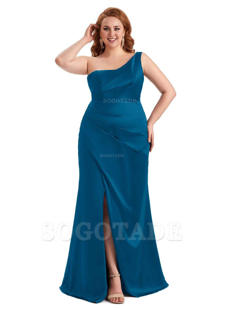 Sexy Side Slit One Shoulder Mermaid Long Plus Size Satin Maxi Dresses