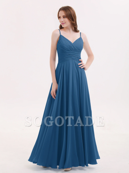 V-neck Fine Shoulder Strap Floor Length Chiffon Bridesmaid Dresses Online