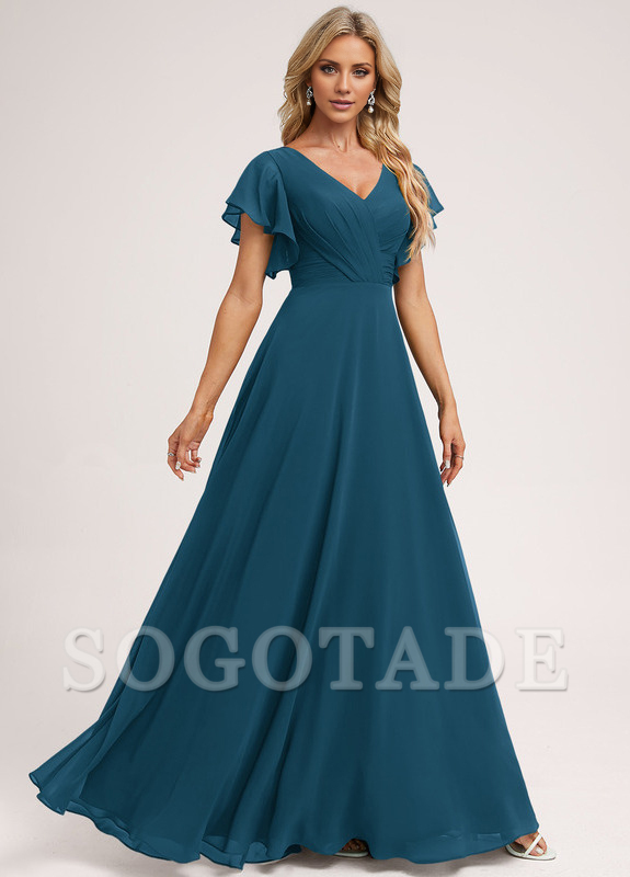 Ruffle A-line V-neck and floor chiffon bridesmaid dress