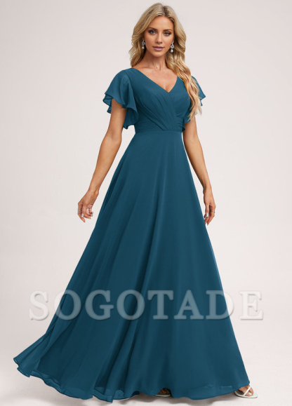 Ruffle A-line V-neck and floor chiffon bridesmaid dress