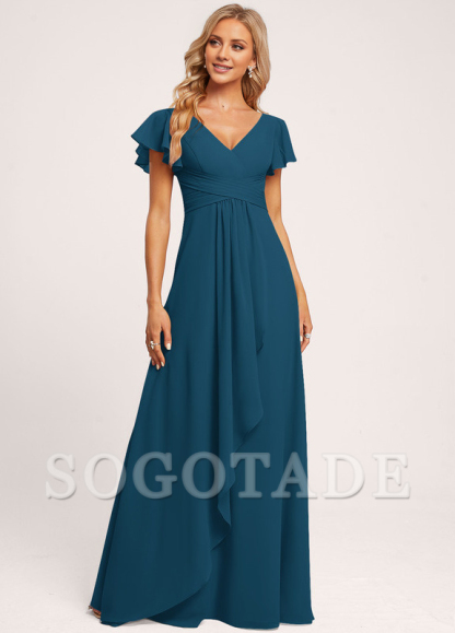 Ruffle A-line V-neck and floor chiffon bridesmaid dress