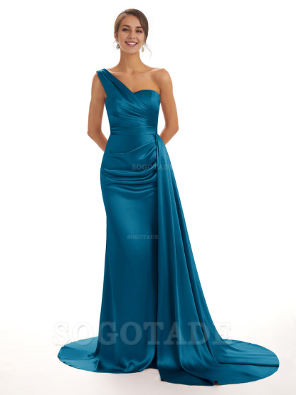 Elegant One Shoulder Soft Satin Unique Mermaid Long Bridesmaid Dresses Online prom dresses shops