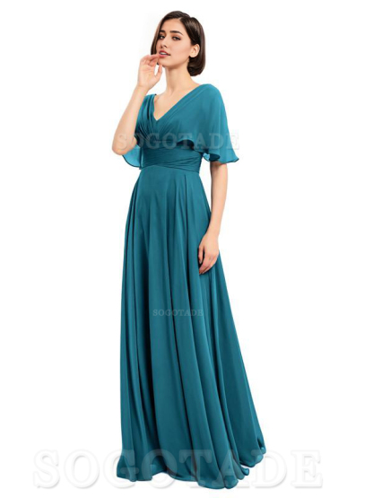  V-Neck Cap Sleeves Sleeves Chiffon Long Elegant Bridesmaid Dresses Formal Wear Dresses