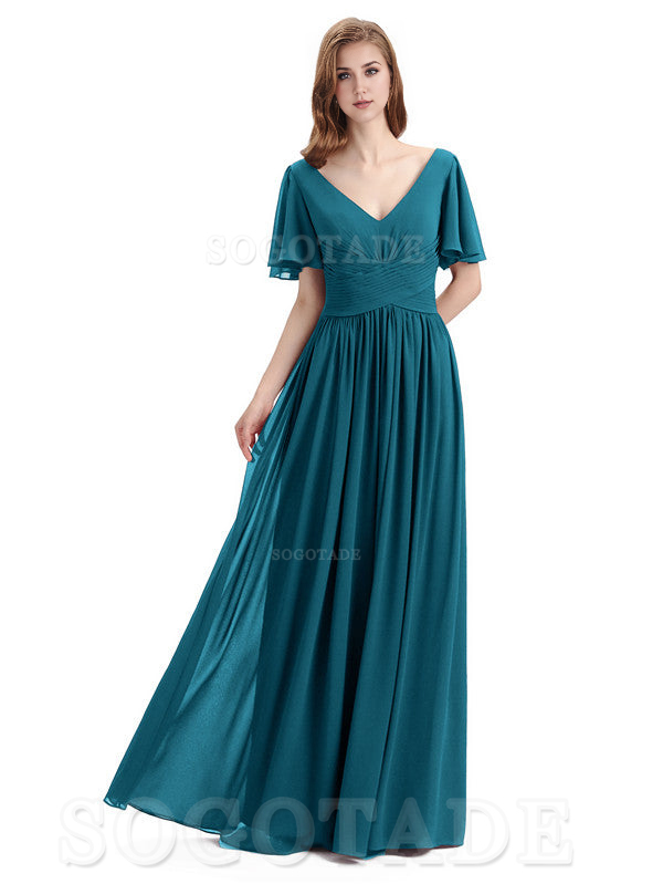 A-Line Chiffon Short Sleeves Elegant Floor-Length Bridesmaid Dresses Formal Women's Dresses Wedding Guests Dresses