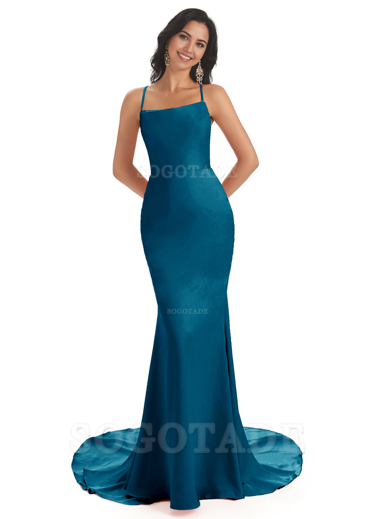 Mermaid Spaghetti Backless Straps Satin Long formal dresses evening gown Bridesmaid Dresses