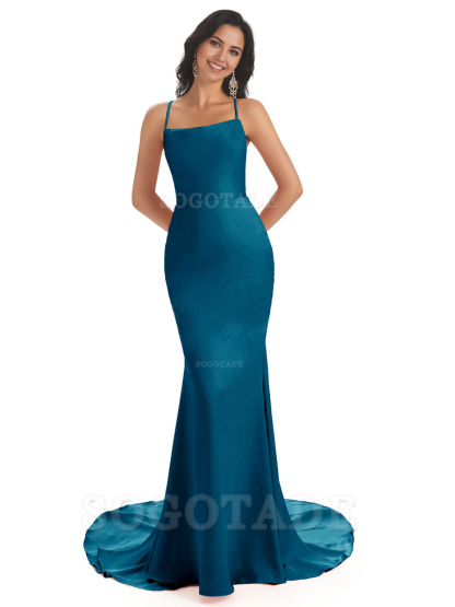 Mermaid Spaghetti Backless Straps Satin Long formal dresses evening gown Bridesmaid Dresses