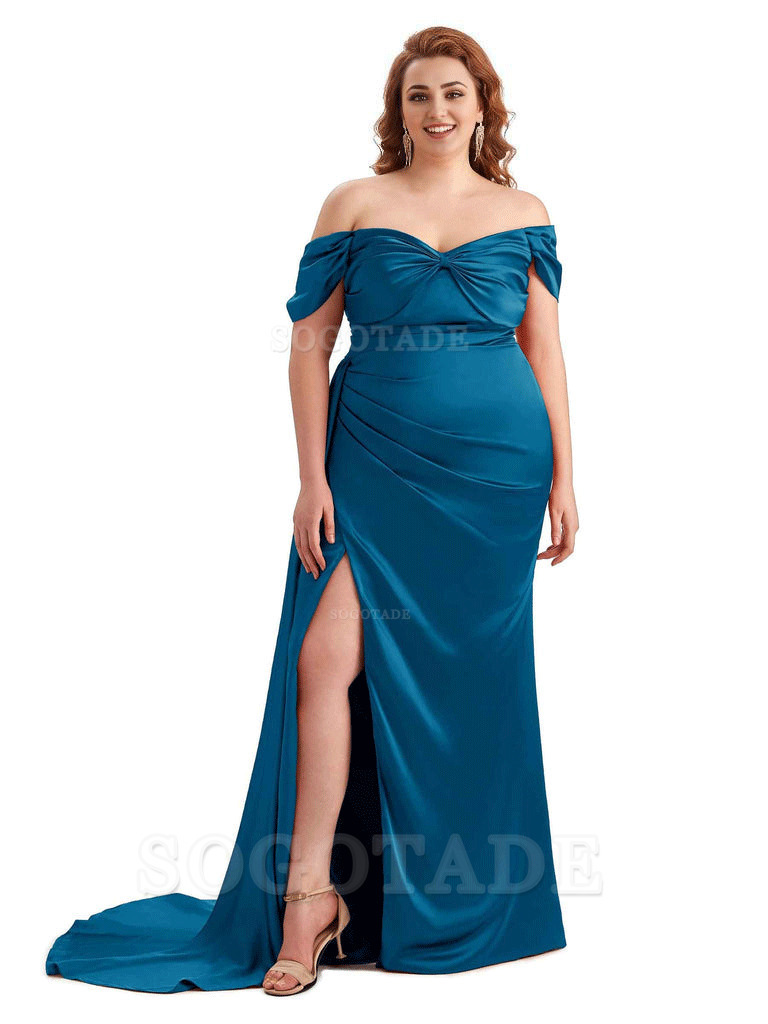 Sexy Side Slit Off The Shoulder Mermaid Soft Satin Long Plus Size Bridesmaid Dress For Wedding