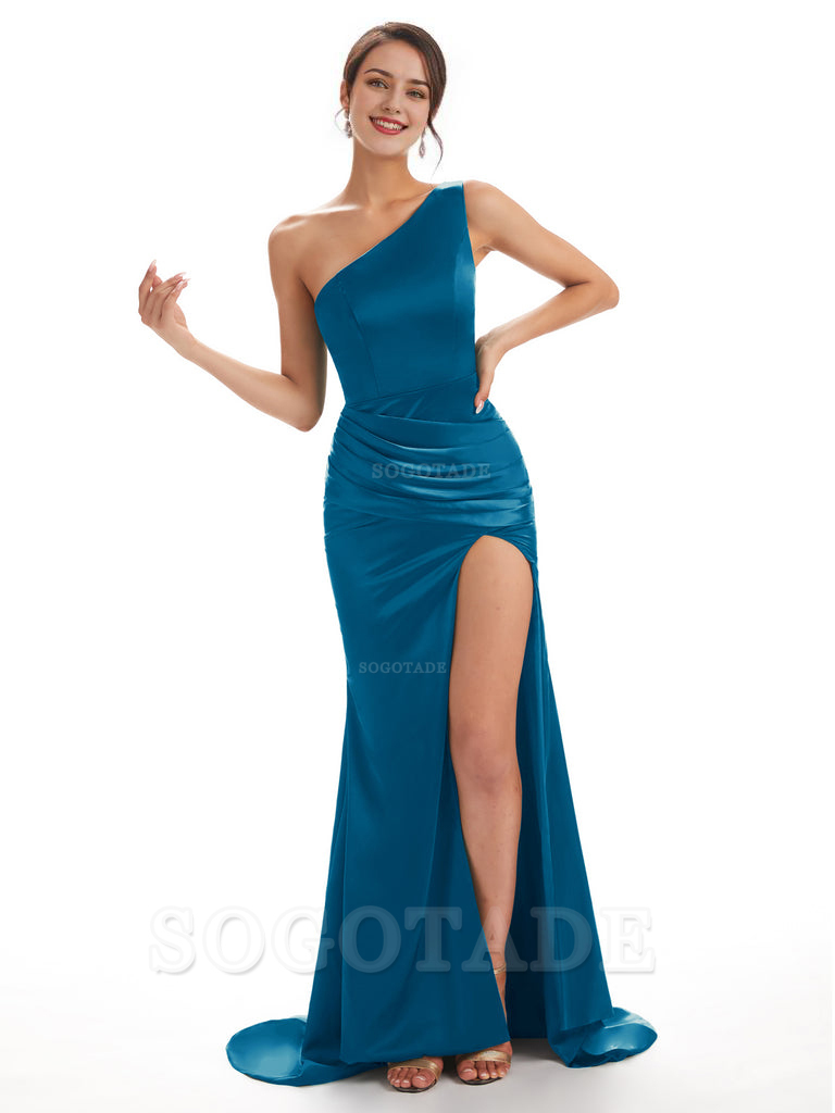 Sexy Soft Satin Side Slit One Shoulder Long Mermaid Bridesmaid Dresses Online prom shop dresses ﻿