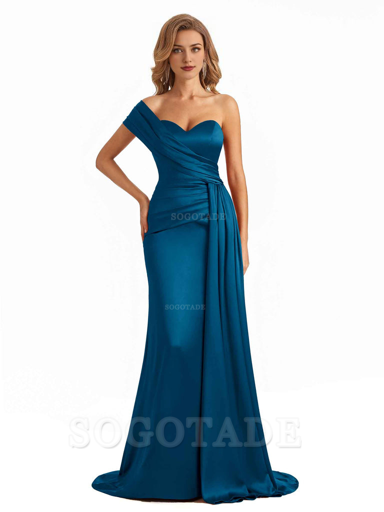 Elegant One Shoulder Soft Satin Long Mermaid Bridesmaid Dresses Online prom shop dresses ﻿