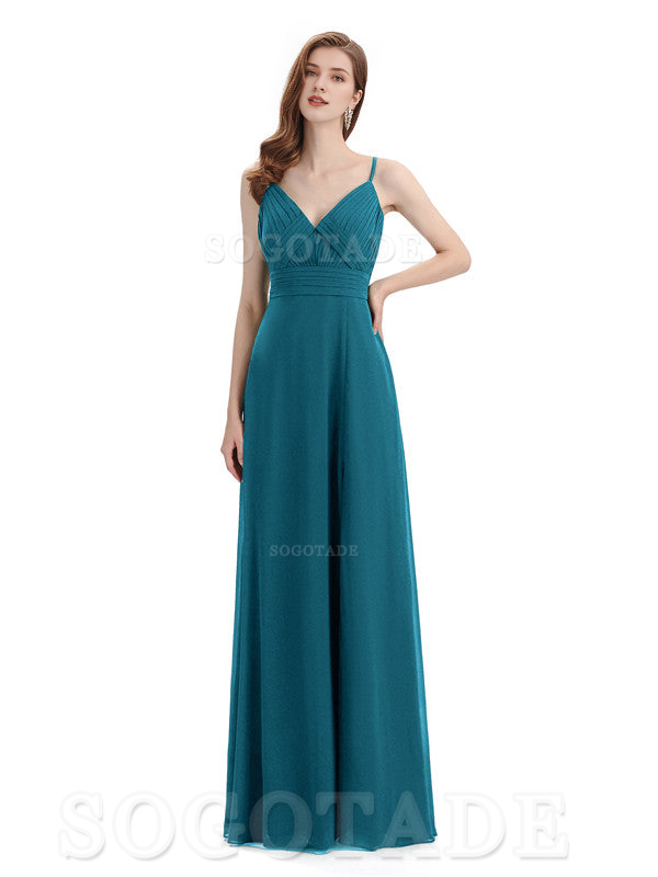 Chiffon V-Neck Spaghetti Strap Floor-Length Side Fork Long Bridesmaid Dresses Formal Women's Dresses Wedding Guests Dresses