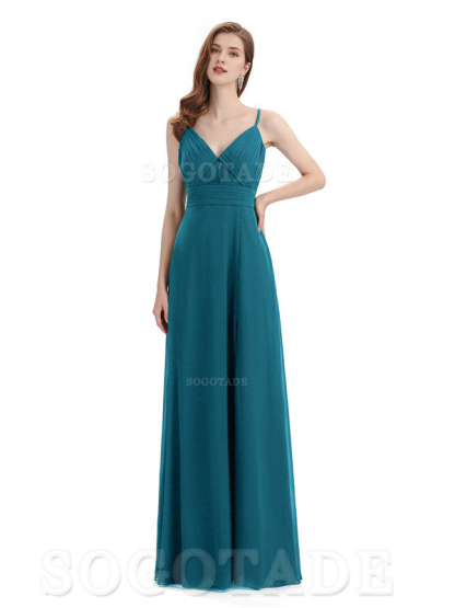 Chiffon V-Neck Spaghetti Strap Floor-Length Side Fork Long Bridesmaid Dresses Formal Women's Dresses Wedding Guests Dresses