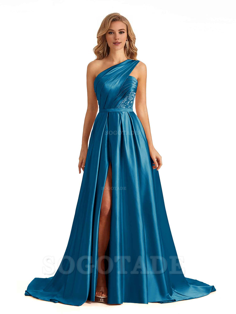 Sexy Side Slit One Shoulder A-Line Soft Satin Long Bridesmaid Dresses Online prom dress in store
