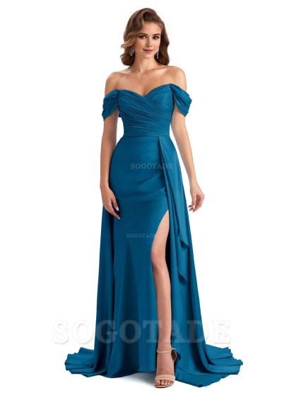 Sexy Side Slit Mermaid Soft Satin Off The Shoulder Long Unique Bridesmaid Dresses prom dress in store
