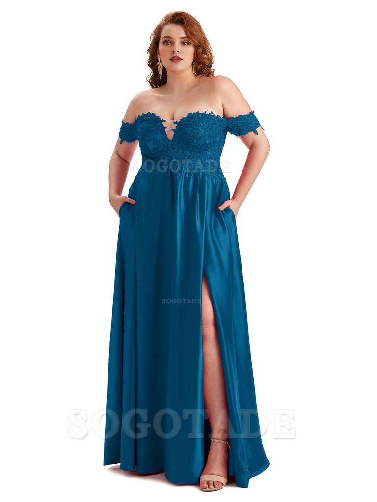 Off Shoulder Side Slit Lace Soft Satin Long Plus Size Bridesmaid Dresses For Wedding