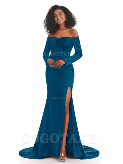 Mermaid Long Sleeve Satin formal dresses evening gown Bridesmaid Dresses With Side Slit 