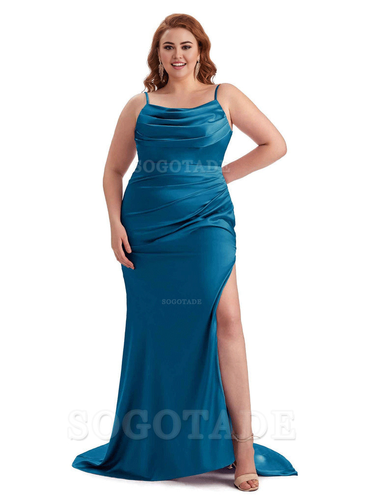Sexy Jewel Side Slit Mermaid Soft Satin Long Plus Size Bridesmaid Dress For Wedding