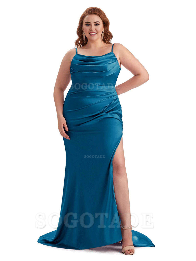 Sexy Jewel Side Slit Mermaid Soft Satin Long Plus Size Bridesmaid Dress For Wedding