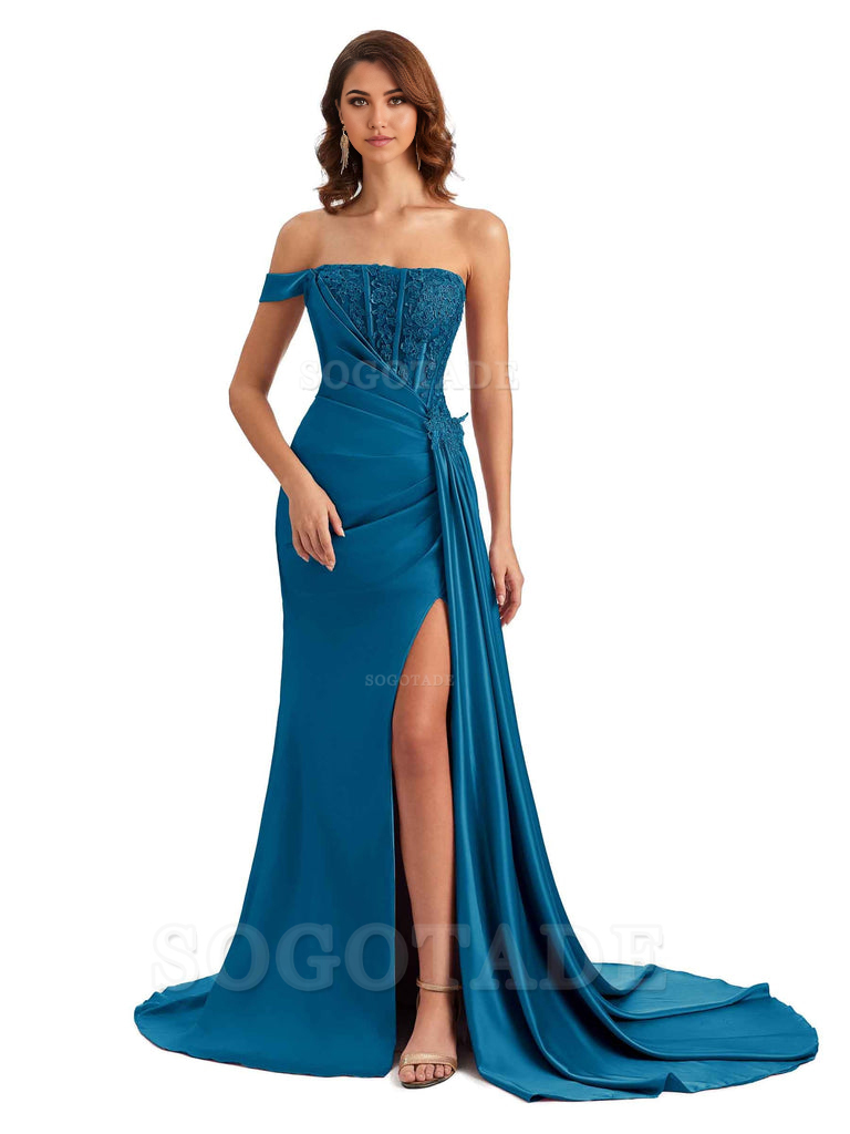 Mermaid Off Shoulder Applique formal dresses evening gown Bridesmaid Dresses With Side Slit 