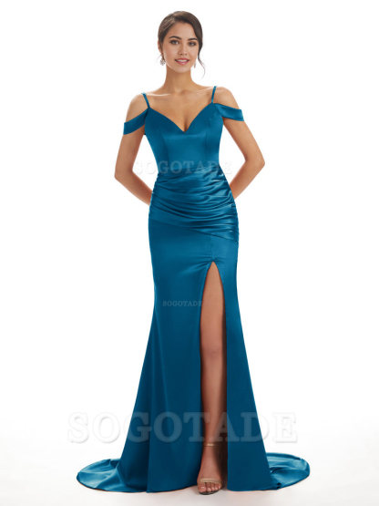 Mermaid Off The Shoulder Satin formal dresses evening gown Bridesmaid Dresses With Side Slit 