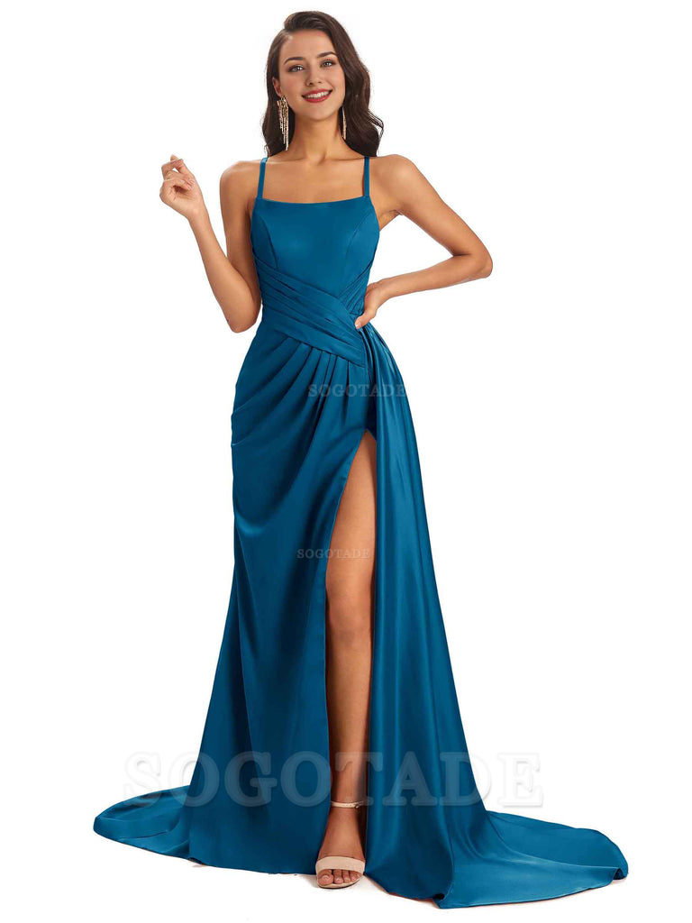Sexy Soft Satin Side Slit Spaghetti Straps Long Maxi Bridesmaid Dresses prom shop dresses