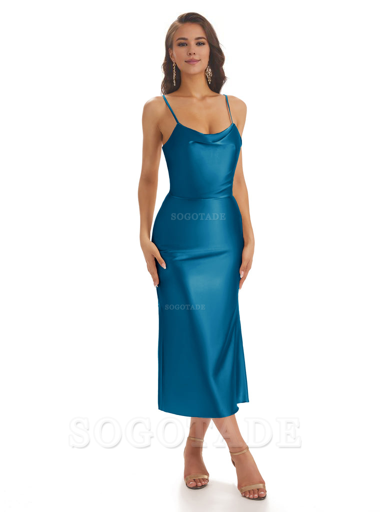 Sexy Soft Satin Spaghetti Strap Tea-Length Midi Short Bridesmaid Dresses prom shop dresses