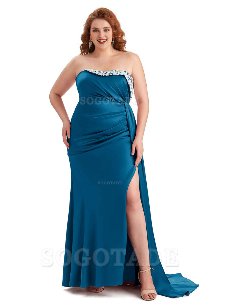 Sexy Side Slit Strapless Mermaid Lace Soft Satin Long Plus Size Maid of Honor Dresses