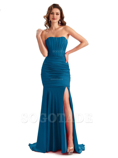 Sexy Strapless Side Slit Mermaid Silky Satin Formal Bridesmaid Dresses