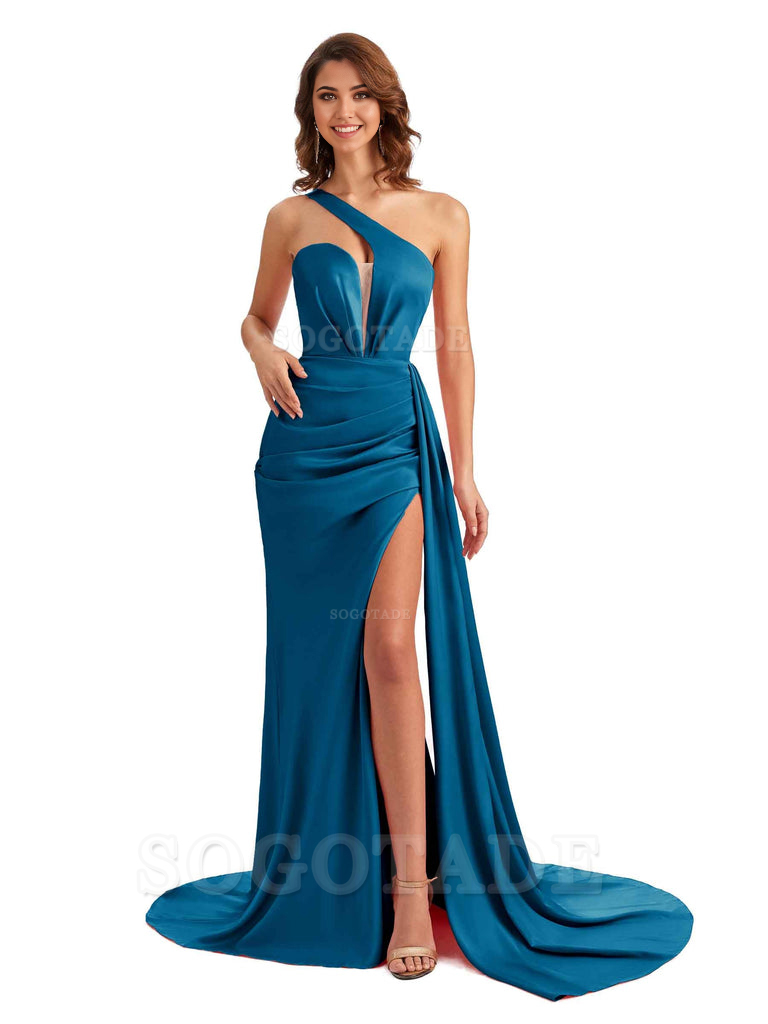 Mermaid One Shoulder Satin formal dresses evening gown Bridesmaid Dresses With Side Slit