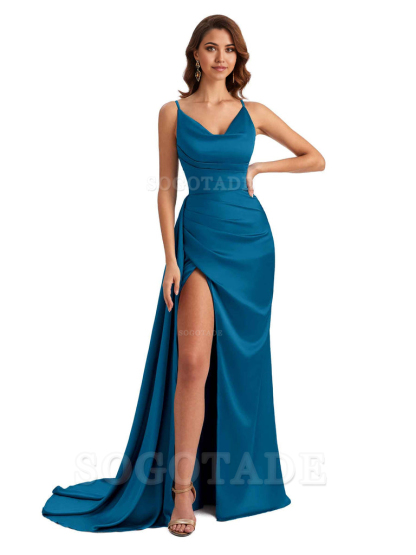 Mermaid Cowl Spaghetti Satin formal dresses evening gown Bridesmaid Dresses With Side Slit