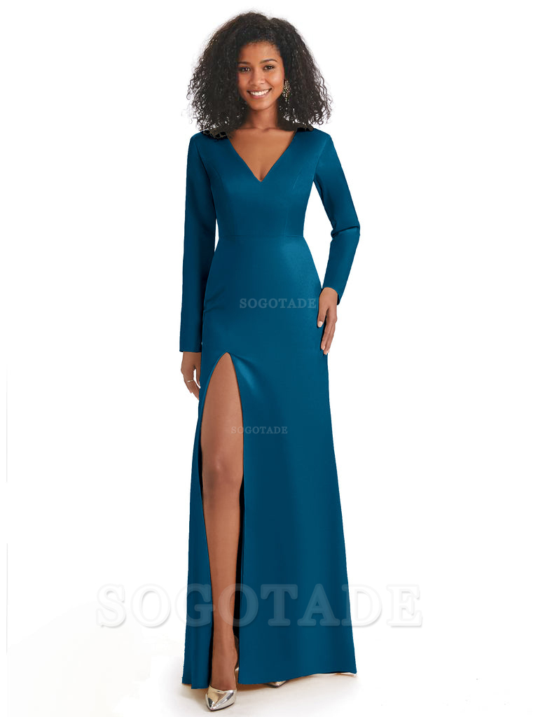 Soft Satin Side Slit Long Sleeves V-Neck Long African Mermaid Bridesmaid Dresses Elegant Evening Party Dress