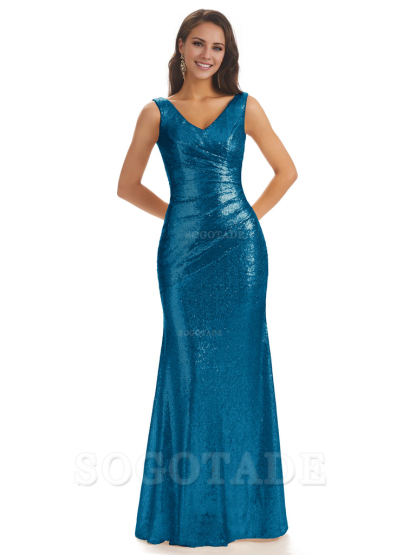 Sexy Sequin V-Neck Sparkly Long Mermaid Bridesmaid Dresses Charming Evening Party Dress