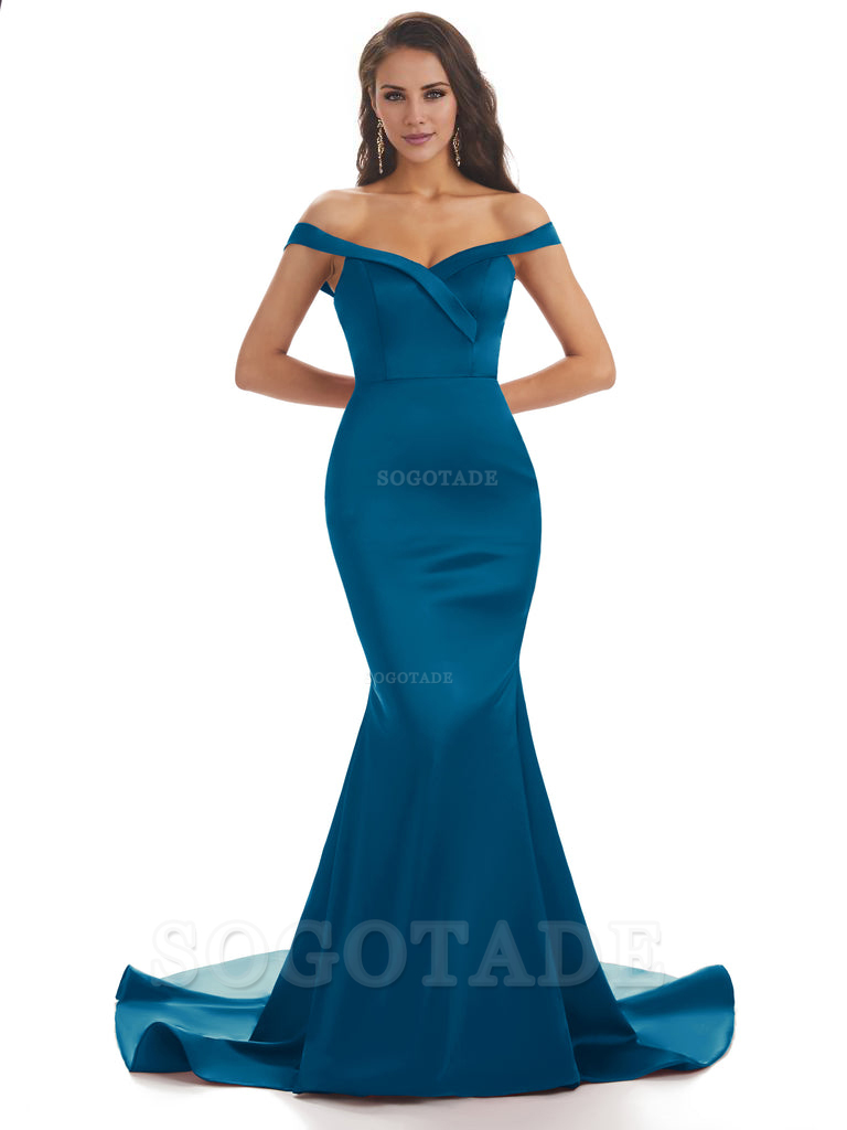 Elegant Off The Shoulder Soft Satin Mermaid Long Bridesmaid Dresses Charming Evening Party Dress