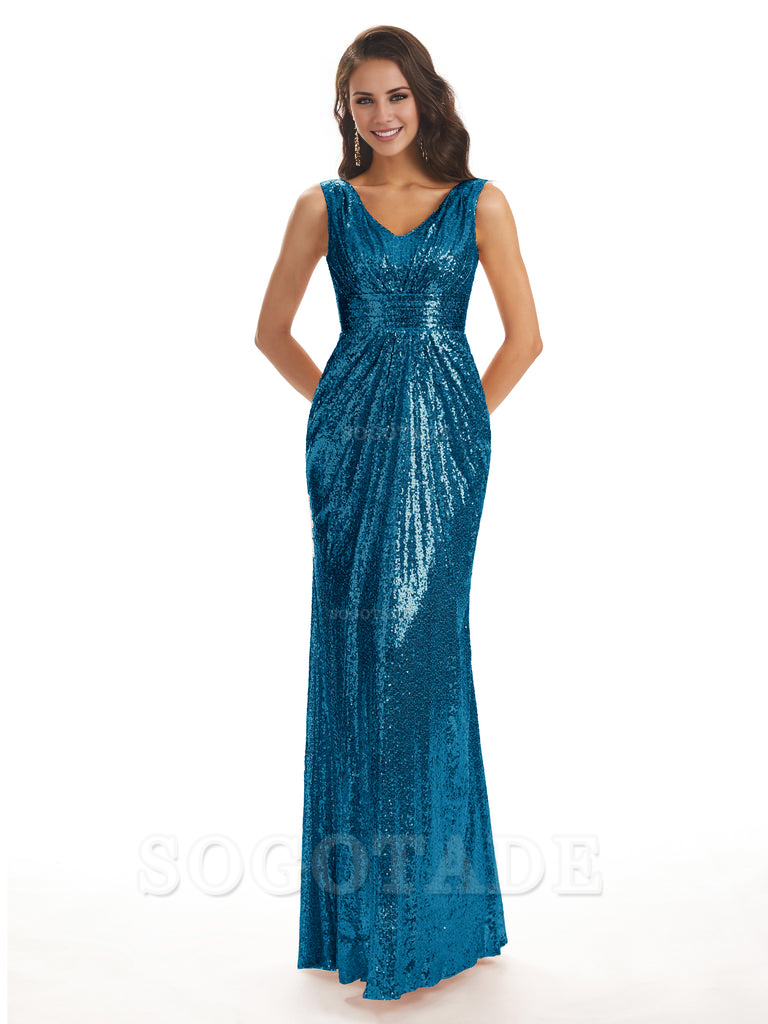 Sparkly V-Neck Sequin Long Mermaid Bridesmaid Dresses Sleeveless Charming Evening Party Dress