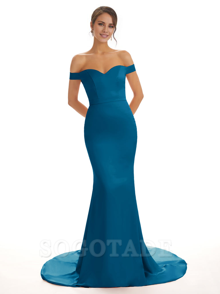 Elegant Off The Shoulder Satin Long Mermaid Bridesmaid Dresses