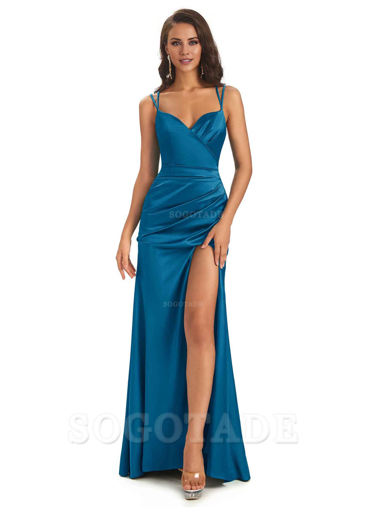 Sexy Soft Satin Side Slit Spaghetti Straps Long Maxi Mermaid Bridesmaid Dresses Elegant Evening Party Dress