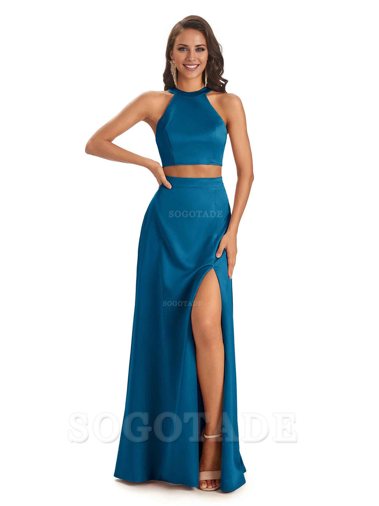 Soft Satin Two-Pieces Halter Side Slit Sexy Fashion Bridesmaid Dresses Charming Evening Party Dress