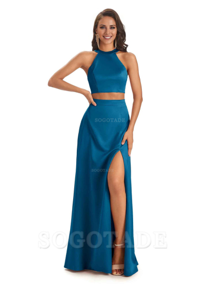 Soft Satin Two-Pieces Halter Side Slit Sexy Fashion Bridesmaid Dresses Charming Evening Party Dress