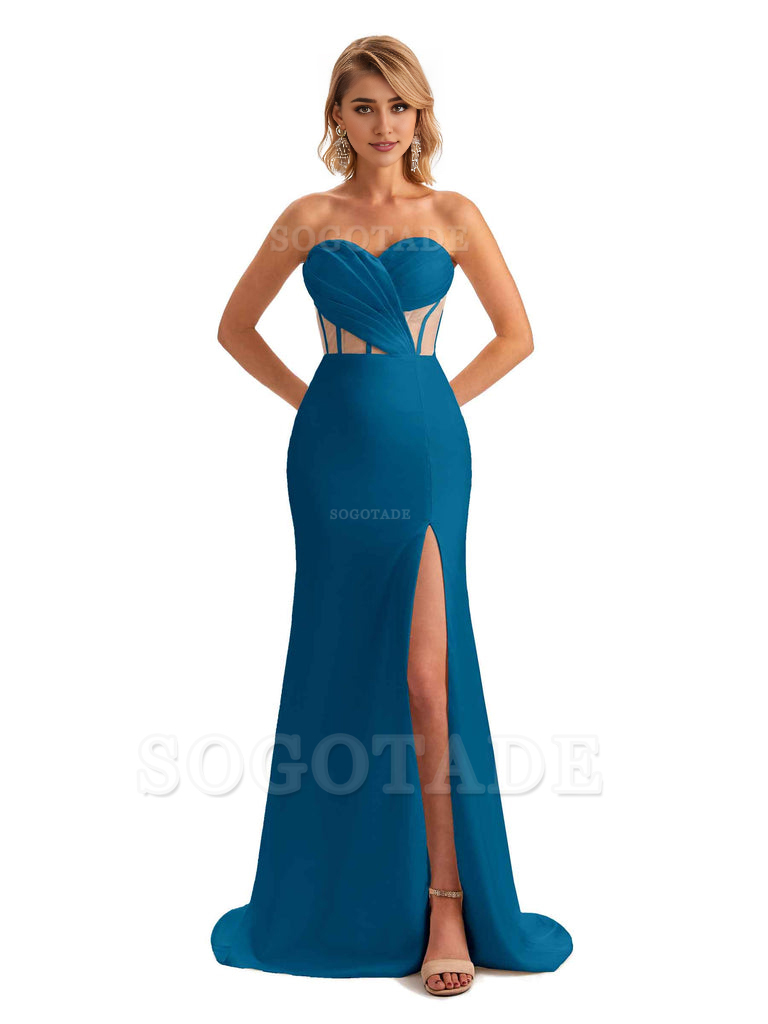 Sexy Sweetheart Strapless Side Slit Mermaid Soft Satin Unique Long Bridesmaid Dress For Wedding