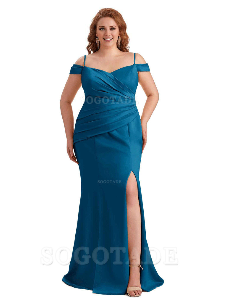 Elegant Cold Shoulder Side Slit Mermaid Soft Satin Long Plus Size Bridesmaid Gowns