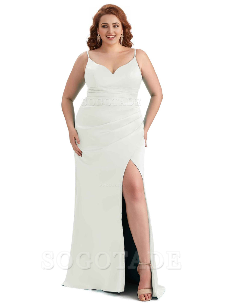 Sexy Side Slit Spaghetti Straps Mermaid Soft Satin Long Plus Size Maid of Honor Dresses