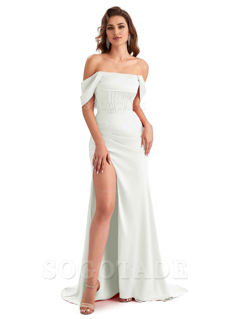 Sexy Side Slit Mermaid Soft Satin Off The Shoulder Unique Long Wedding Attendee Dresses