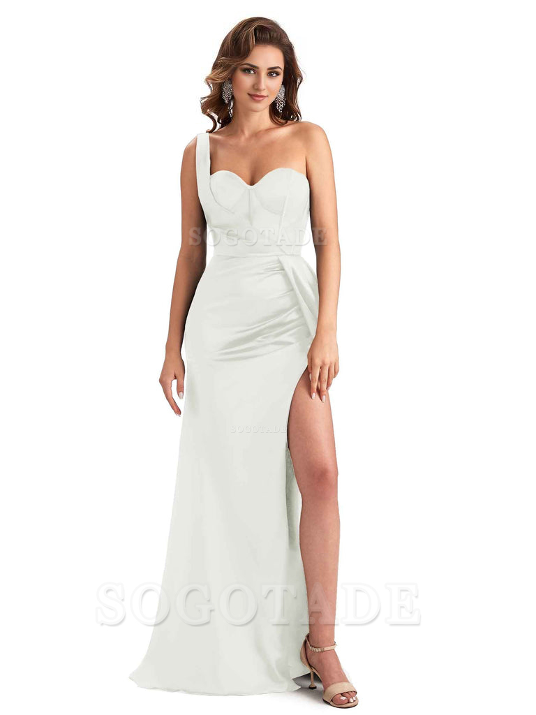 Sexy Mermaid Silky Satin Side Slit One Shoulder Unique Long Wedding Guest Dresses