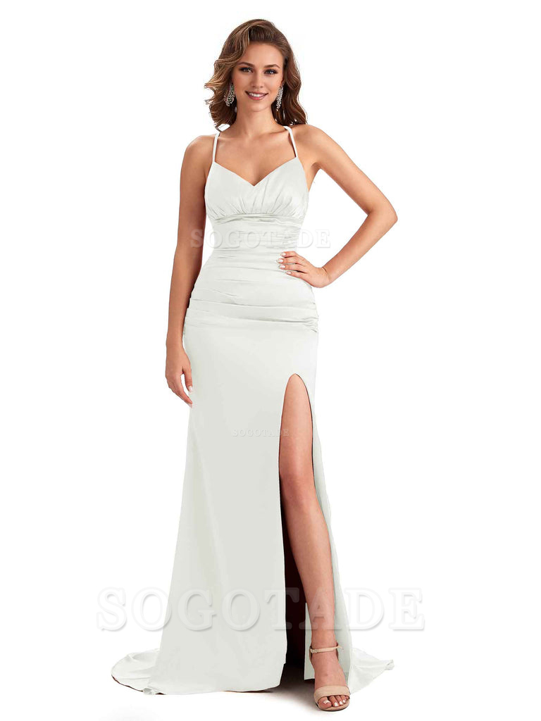 Sexy Mermaid Silky Satin Side Slit One Shoulder Unique Long Wedding Guest Dresses