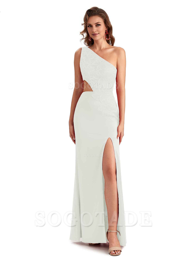 Sexy Side Slit Mermaid Lace Silky Satin One Shoulder Chic Long Bridesmaid Dresses