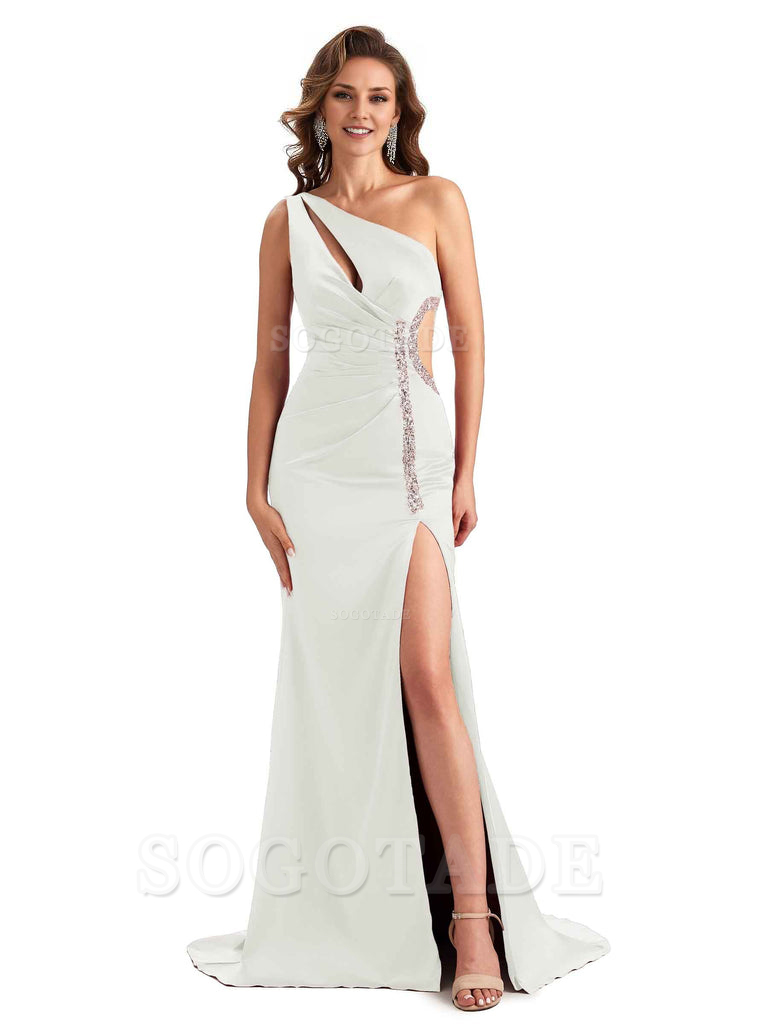 Sexy Side Slit Mermaid Soft Satin One Shoulder Lace Long Bridesmaid Dresses