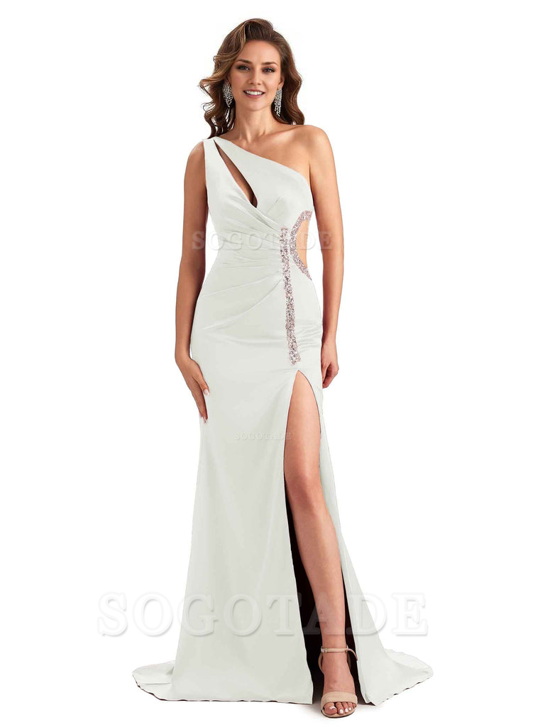 Sexy Side Slit Mermaid Soft Satin One Shoulder Lace Long Bridesmaid Dresses